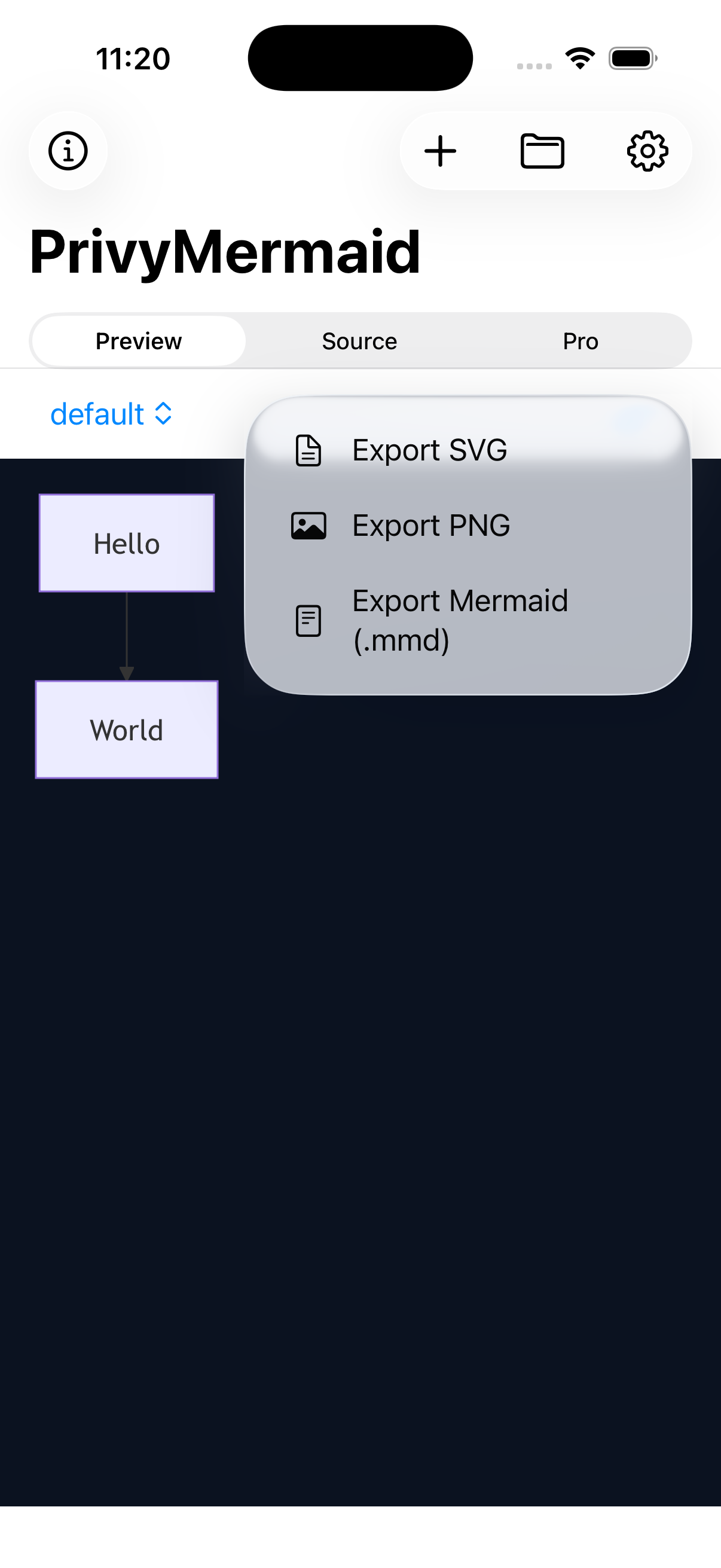 Export options in PrivyMermaid for iPhone